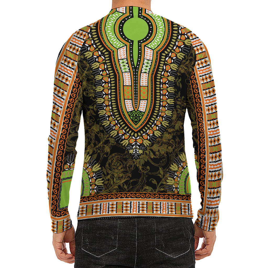 Orange And Black African Dashiki Print Men's Long Sleeve Rash Guard