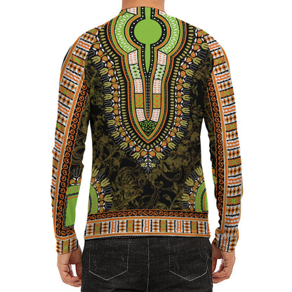 Orange And Black African Dashiki Print Men's Long Sleeve Rash Guard