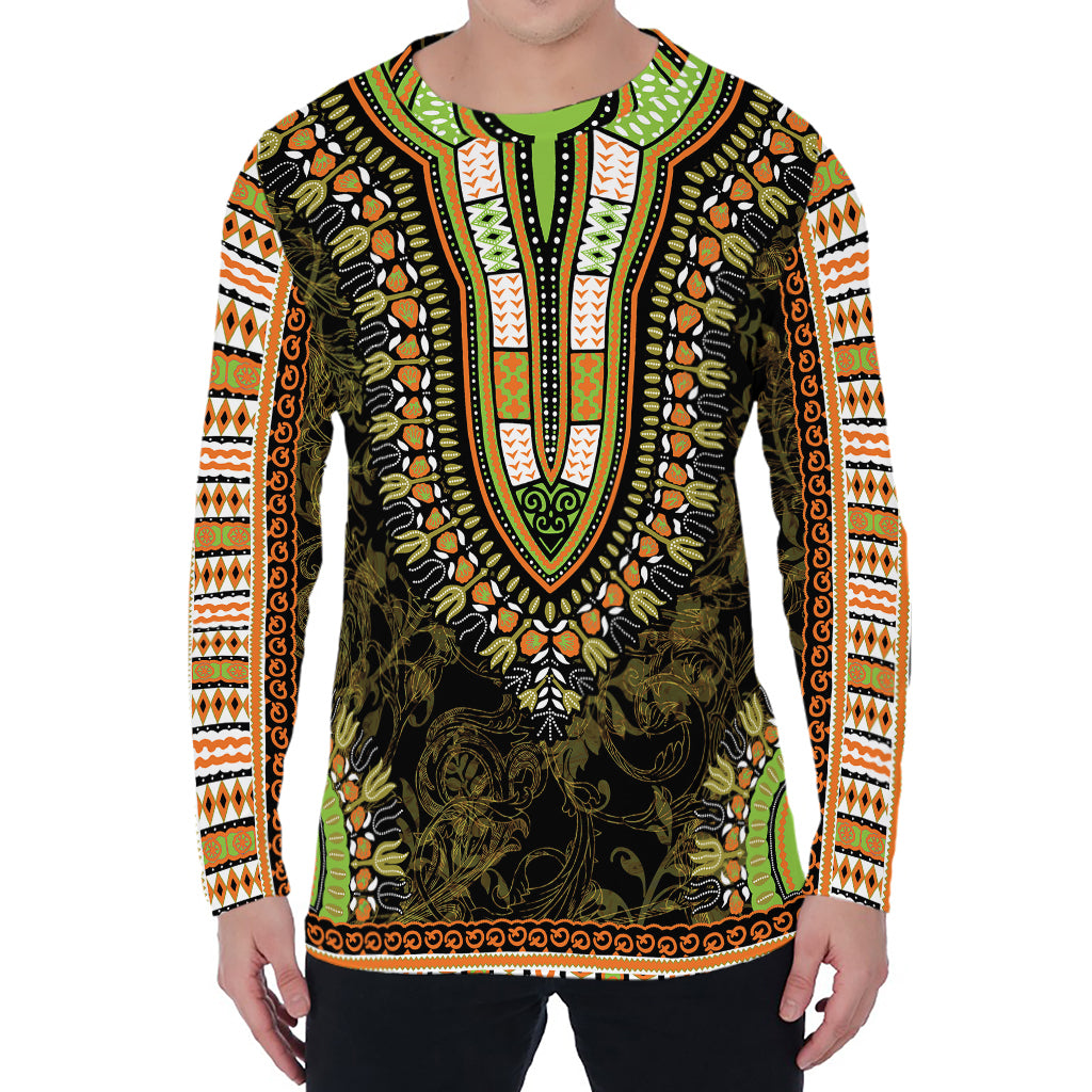Orange And Black African Dashiki Print Men's Long Sleeve T-Shirt