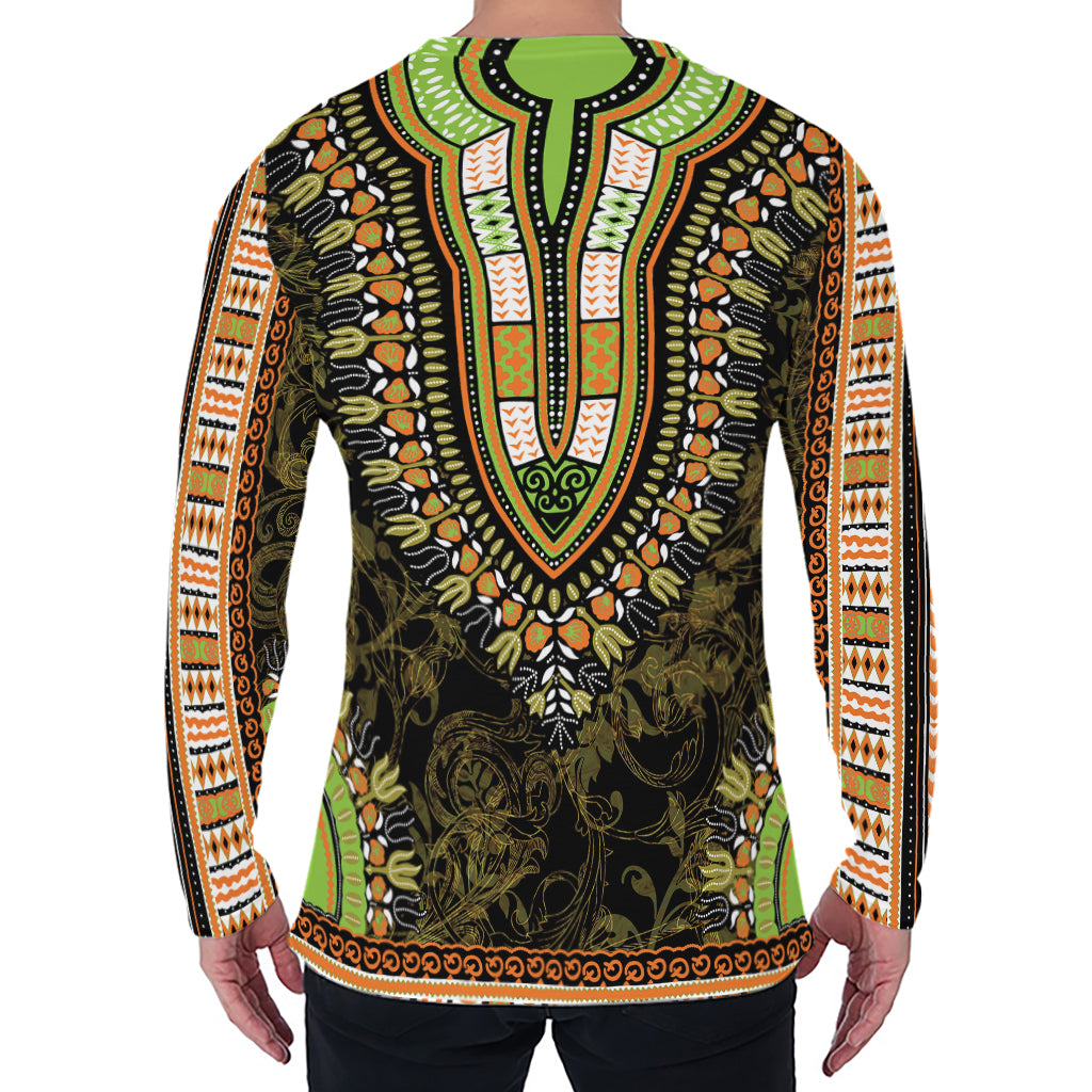 Orange And Black African Dashiki Print Men's Long Sleeve T-Shirt