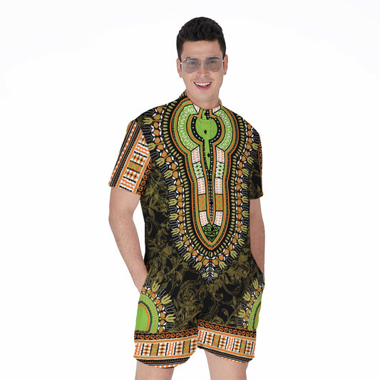 Orange And Black African Dashiki Print Men's Rompers