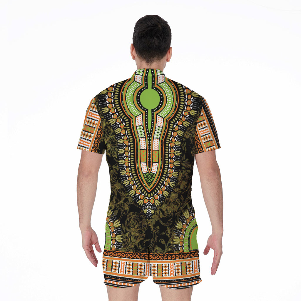 Orange And Black African Dashiki Print Men's Rompers