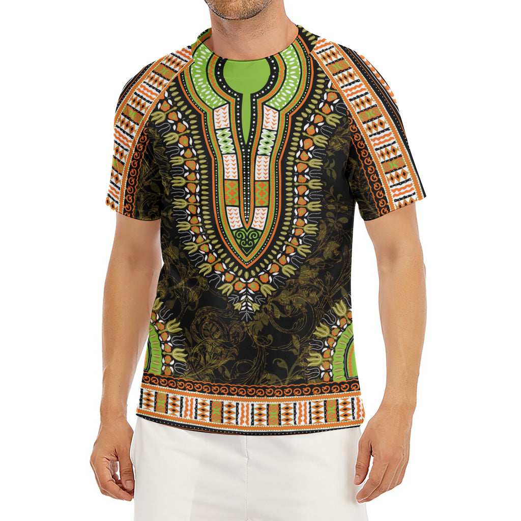 Orange And Black African Dashiki Print Men's Short Sleeve Rash Guard