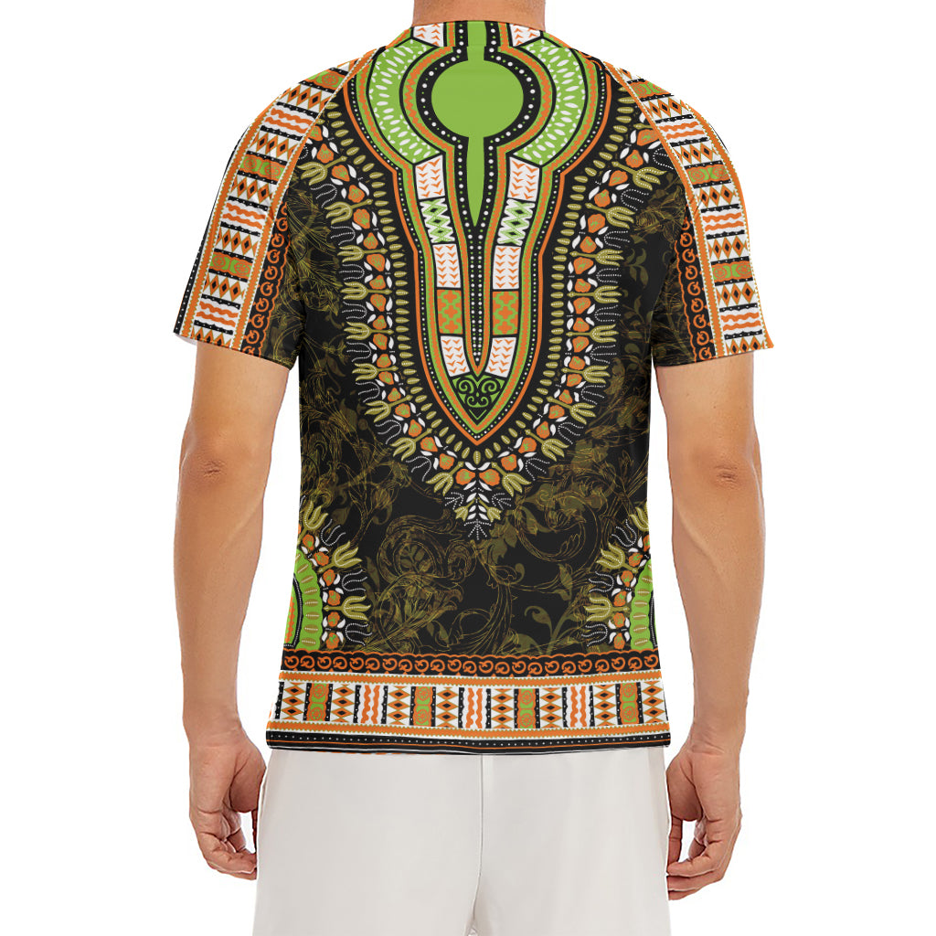 Orange And Black African Dashiki Print Men's Short Sleeve Rash Guard