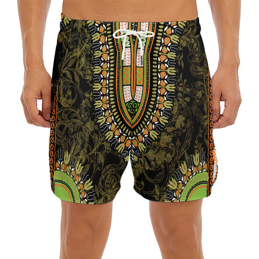 Orange And Black African Dashiki Print Men's Split Running Shorts