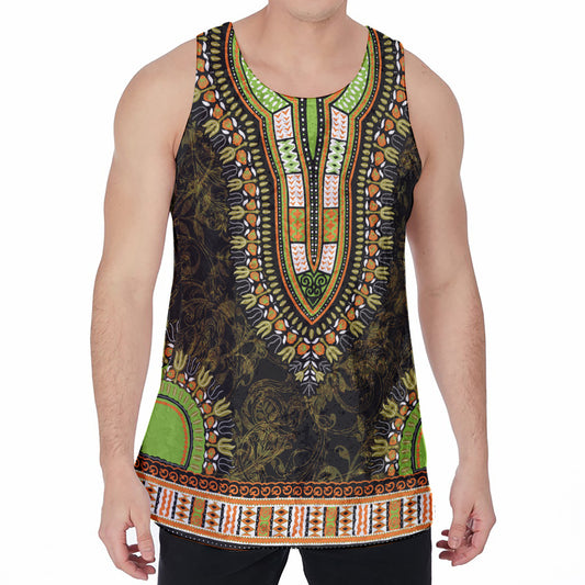 Orange And Black African Dashiki Print Men's Velvet Tank Top