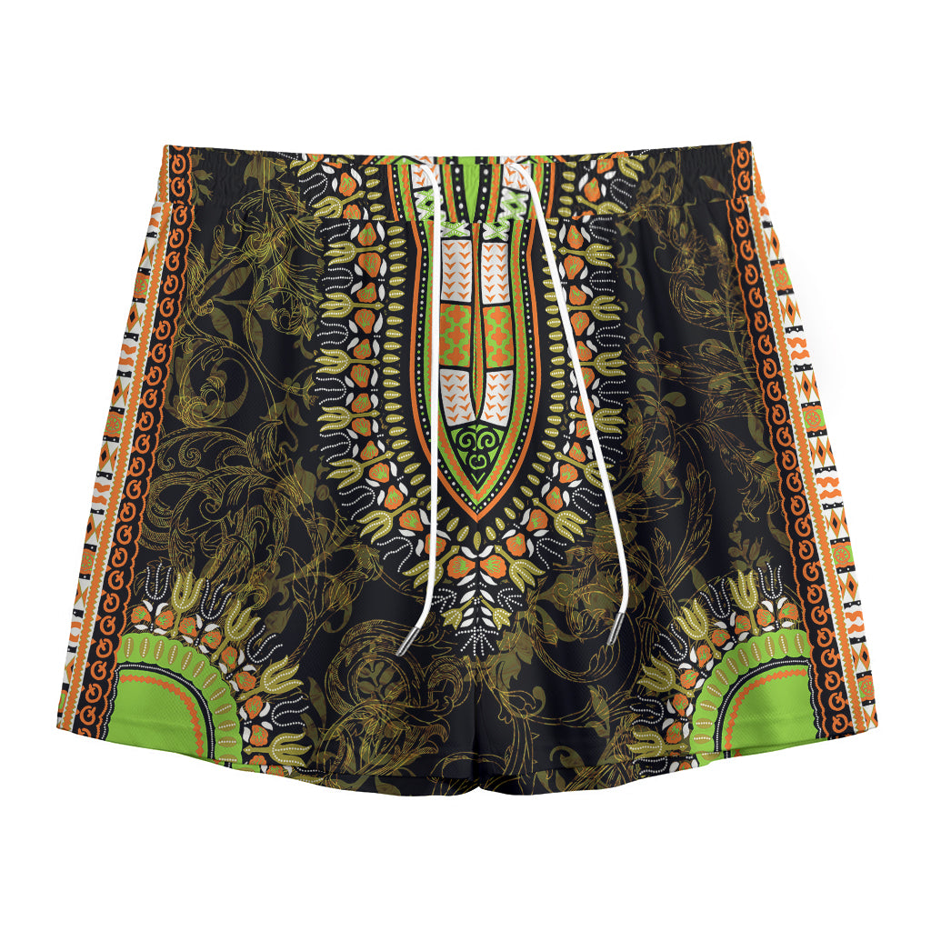 Orange And Black African Dashiki Print Mesh Shorts