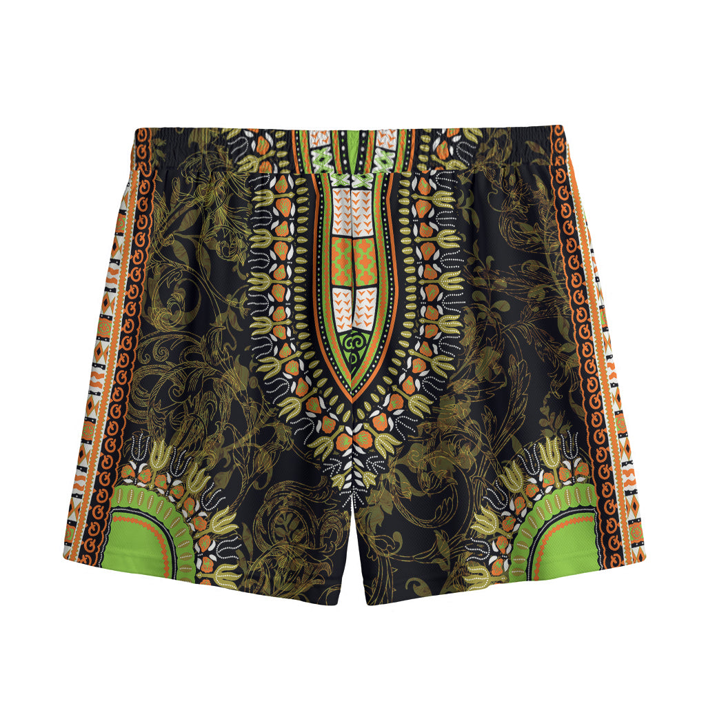 Orange And Black African Dashiki Print Mesh Shorts