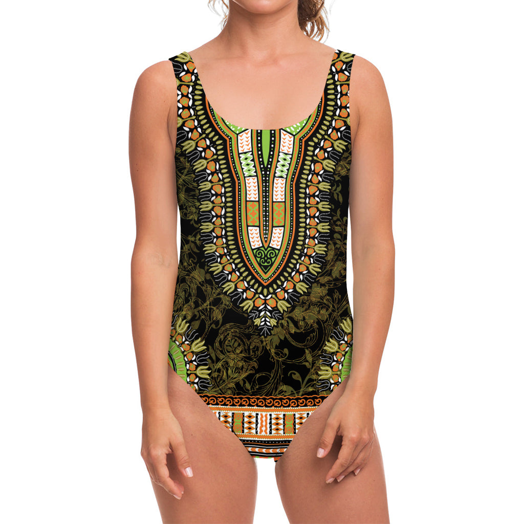 Orange And Black African Dashiki Print One Piece Swimsuit