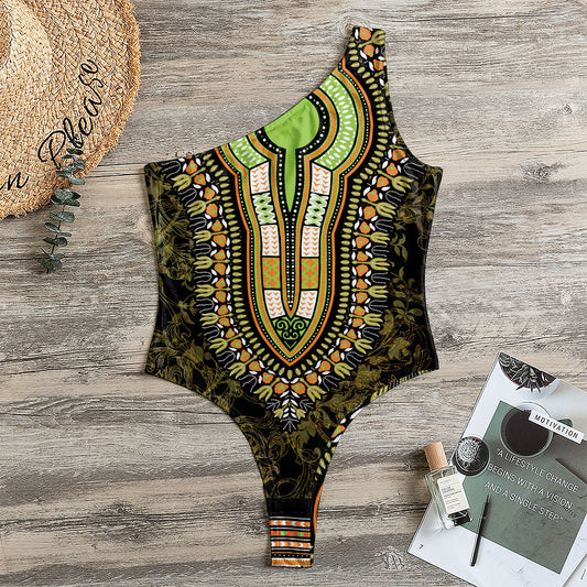 Orange And Black African Dashiki Print One Shoulder Bodysuit