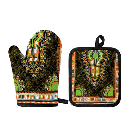 Orange And Black African Dashiki Print Oven Mitt And Pot Holder Set