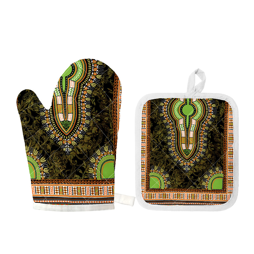 Orange And Black African Dashiki Print Oven Mitt And Pot Holder Set