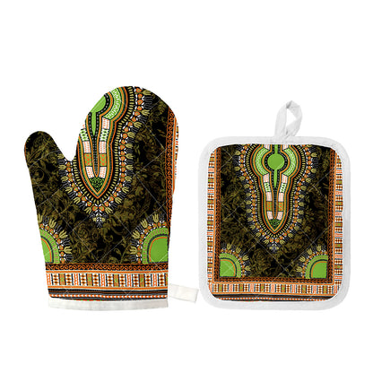 Orange And Black African Dashiki Print Oven Mitt And Pot Holder Set