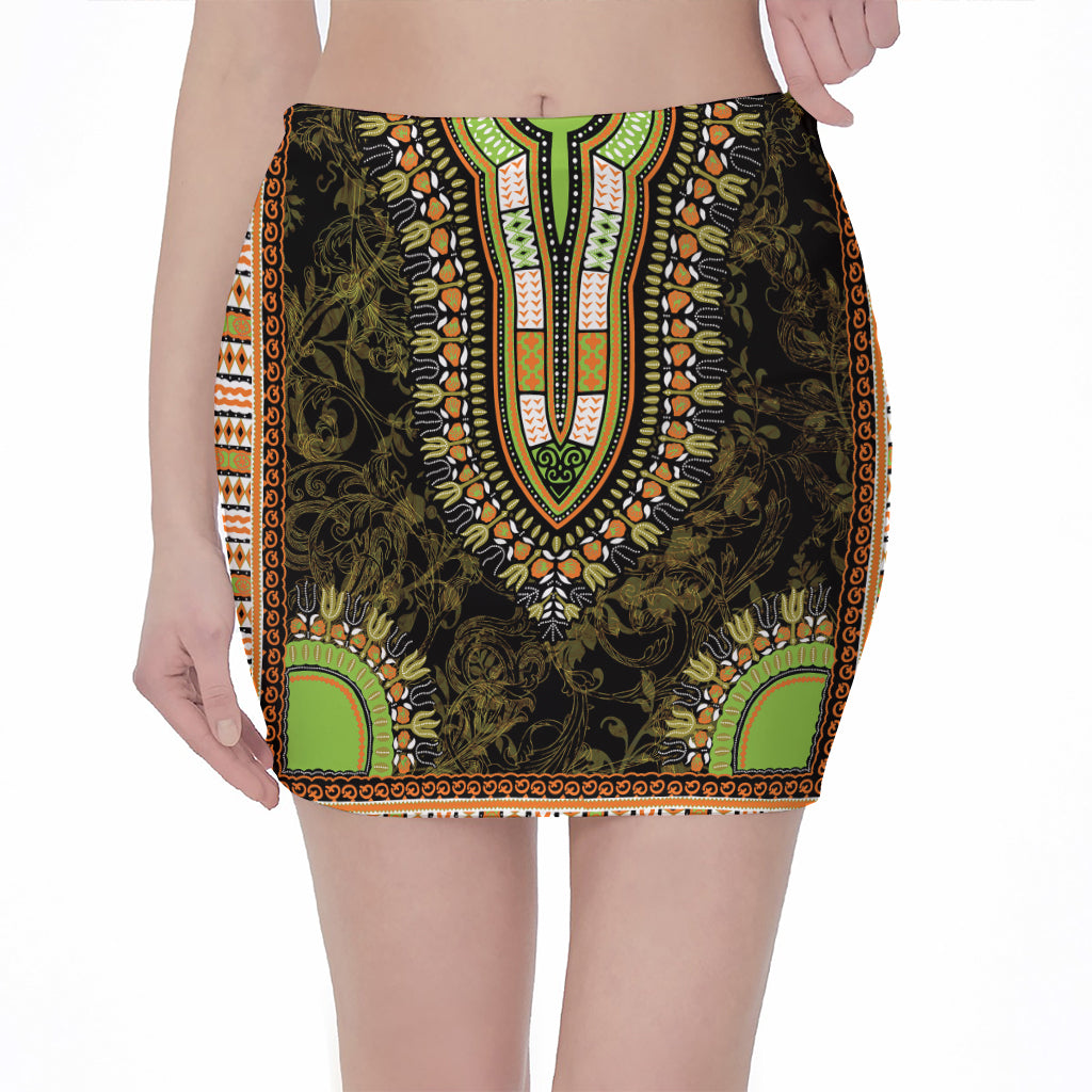 Orange And Black African Dashiki Print Pencil Mini Skirt