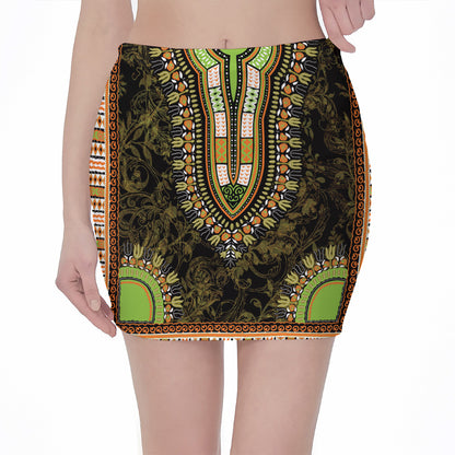 Orange And Black African Dashiki Print Pencil Mini Skirt