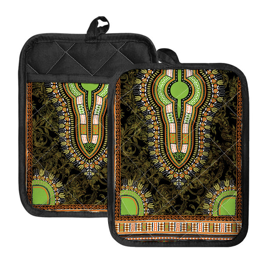 Orange And Black African Dashiki Print Pot Holders With Pocket