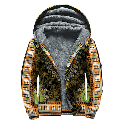 Orange And Black African Dashiki Print Sherpa Lined Zip Up Hoodie