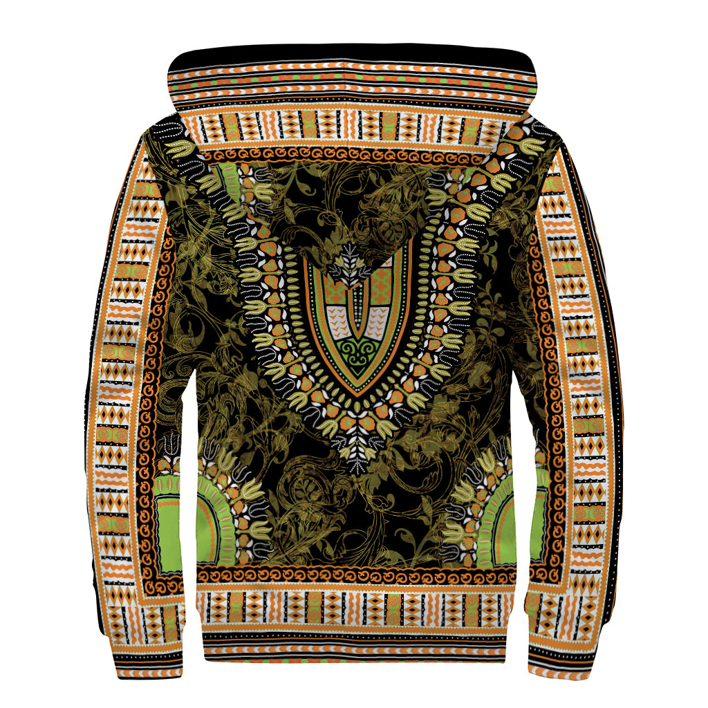 Orange And Black African Dashiki Print Sherpa Lined Zip Up Hoodie
