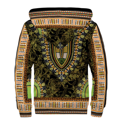 Orange And Black African Dashiki Print Sherpa Lined Zip Up Hoodie