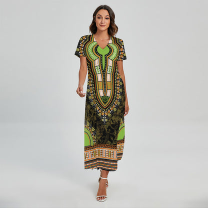 Orange And Black African Dashiki Print Short Sleeve Maxi Dress