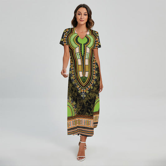 Orange And Black African Dashiki Print Short Sleeve Maxi Dress