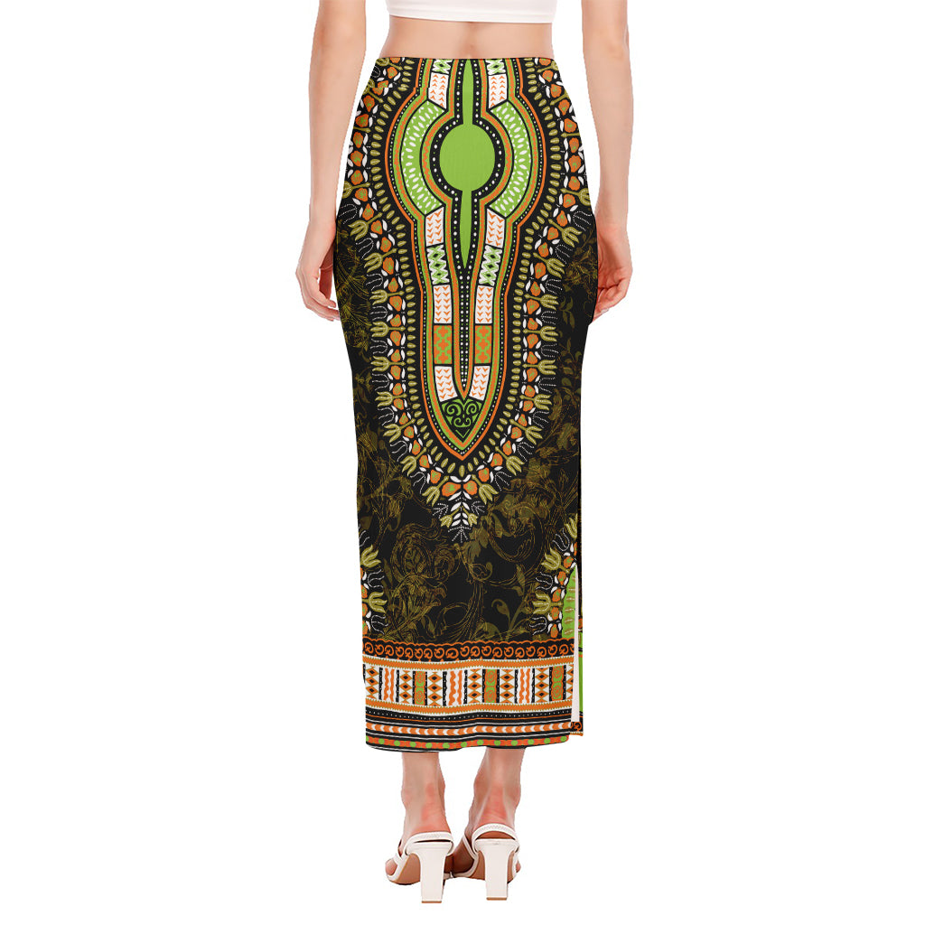 Orange And Black African Dashiki Print Side Slit Maxi Skirt