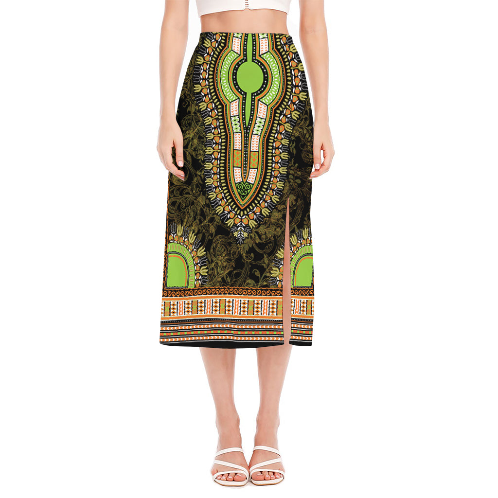 Orange And Black African Dashiki Print Side Slit Midi Skirt