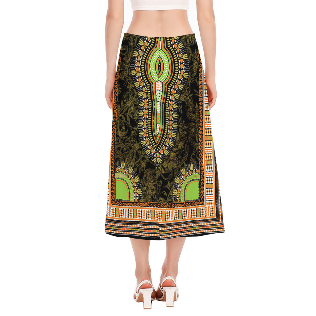 Orange And Black African Dashiki Print Side Slit Midi Skirt
