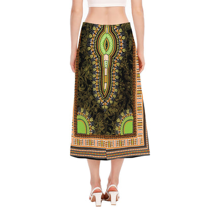 Orange And Black African Dashiki Print Side Slit Midi Skirt
