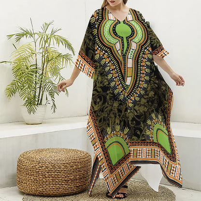 Orange And Black African Dashiki Print Silk V-Neck Kaftan Dress