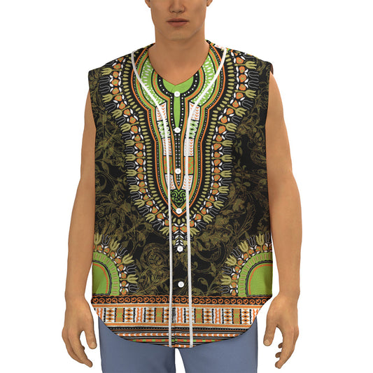 Orange And Black African Dashiki Print Sleeveless Baseball Jersey