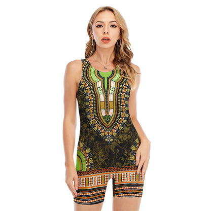Orange And Black African Dashiki Print Sleeveless One Piece Swimsuit