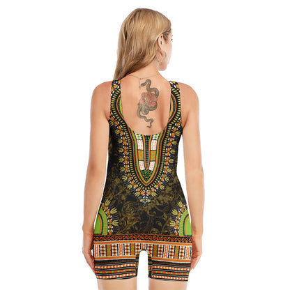 Orange And Black African Dashiki Print Sleeveless One Piece Swimsuit