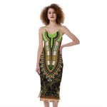 Orange And Black African Dashiki Print Slim Fit Midi Cami Dress
