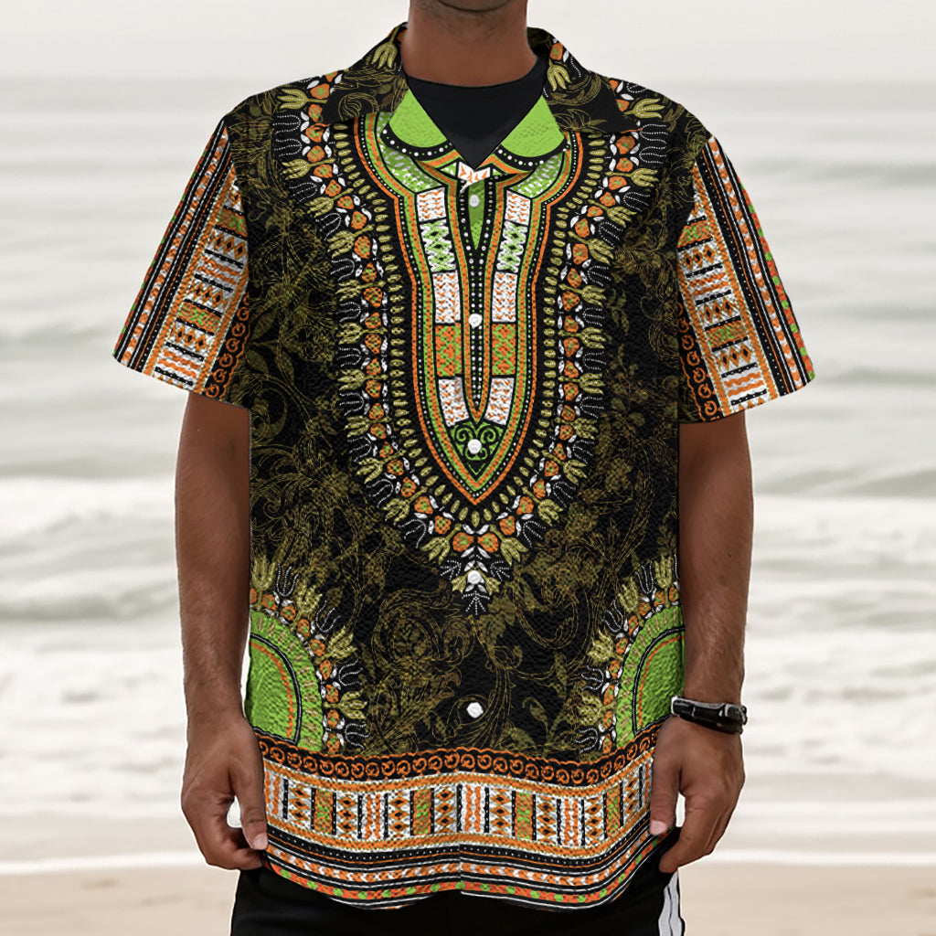 Orange And Black African Dashiki Print Textured Short Sleeve Shirt