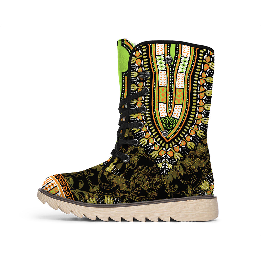 Orange And Black African Dashiki Print Winter Boots