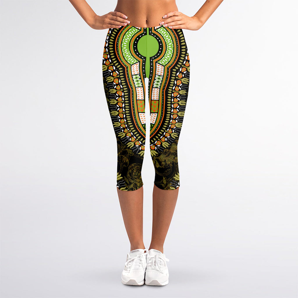 Orange And Black African Dashiki Print Women's Capri Leggings