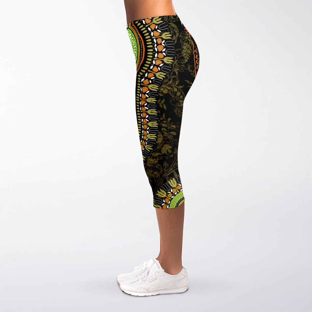 Orange And Black African Dashiki Print Women's Capri Leggings