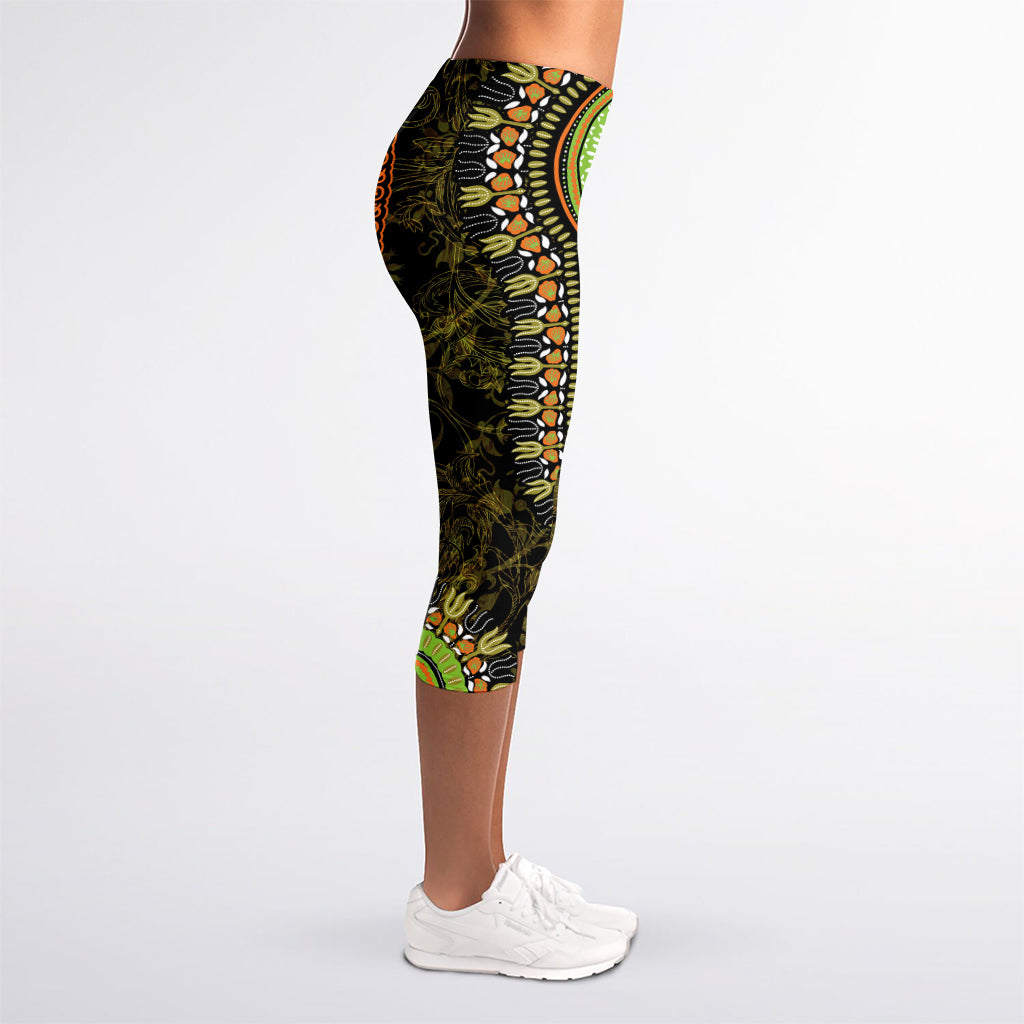 Orange And Black African Dashiki Print Women's Capri Leggings
