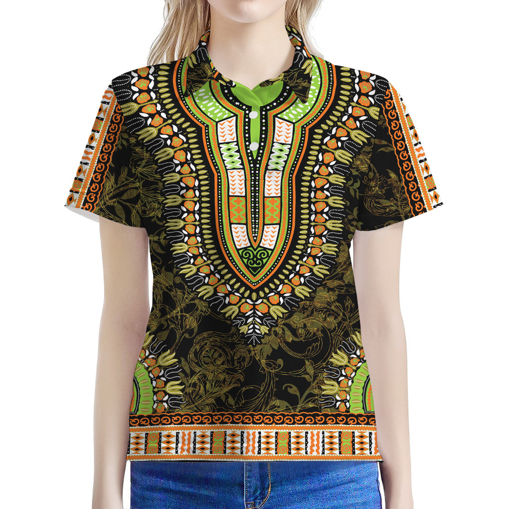 Orange And Black African Dashiki Print Women's Polo Shirt
