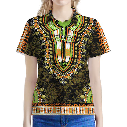 Orange And Black African Dashiki Print Women's Polo Shirt