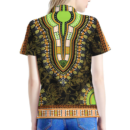 Orange And Black African Dashiki Print Women's Polo Shirt