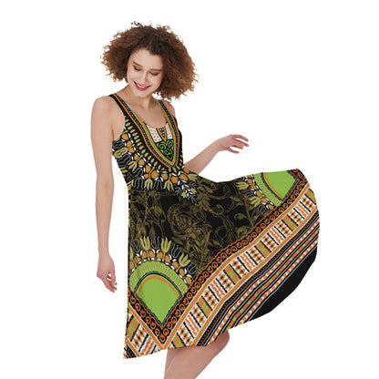 Orange And Black African Dashiki Print Women's Sleeveless Dress