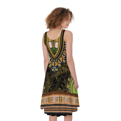 Orange And Black African Dashiki Print Women's Sleeveless Dress