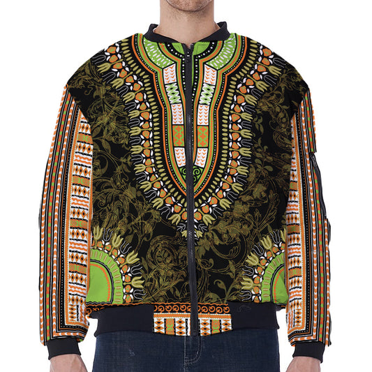 Orange And Black African Dashiki Print Zip Sleeve Bomber Jacket