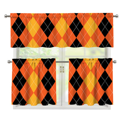 Orange And Black Argyle Pattern Print 3 Piece Kitchen Curtains