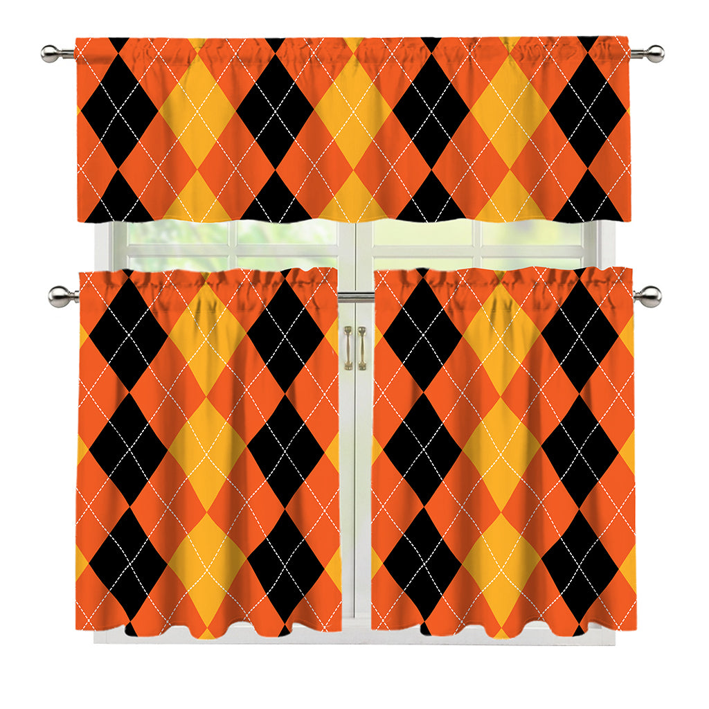 Orange And Black Argyle Pattern Print 3 Piece Kitchen Curtains
