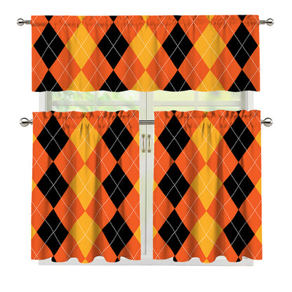 Orange And Black Argyle Pattern Print 3 Piece Kitchen Curtains