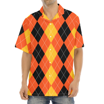 Orange And Black Argyle Pattern Print Aloha Shirt