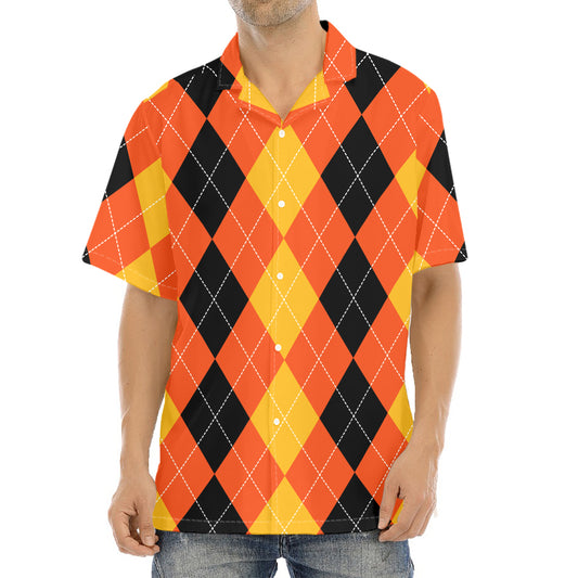 Orange And Black Argyle Pattern Print Aloha Shirt